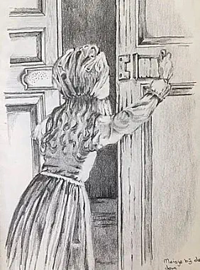 schets Meisje aan de deur